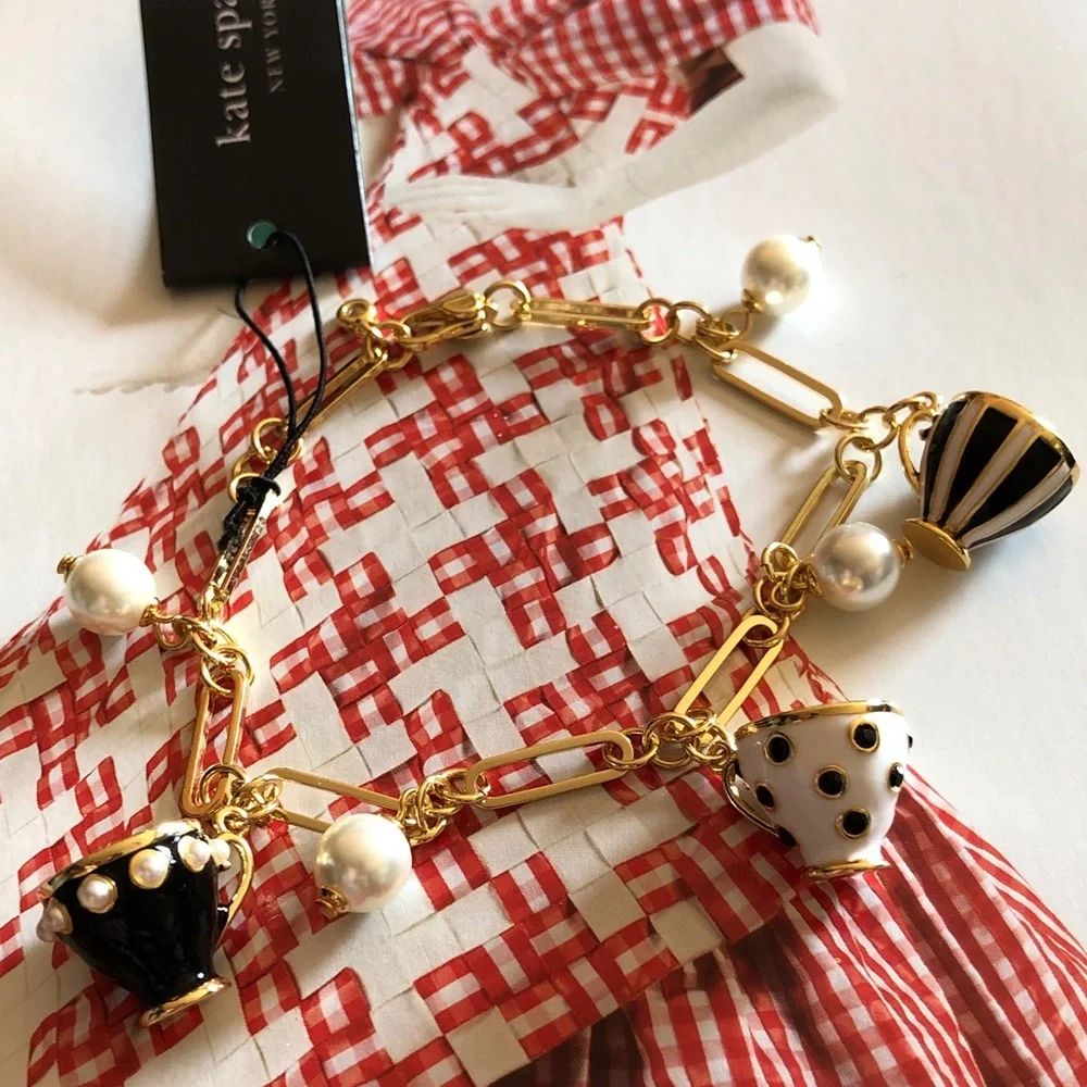 kate spade Gold-Tone Bracelet with Black Enamel Charm and Pearl Drops - Picture 9 of 10